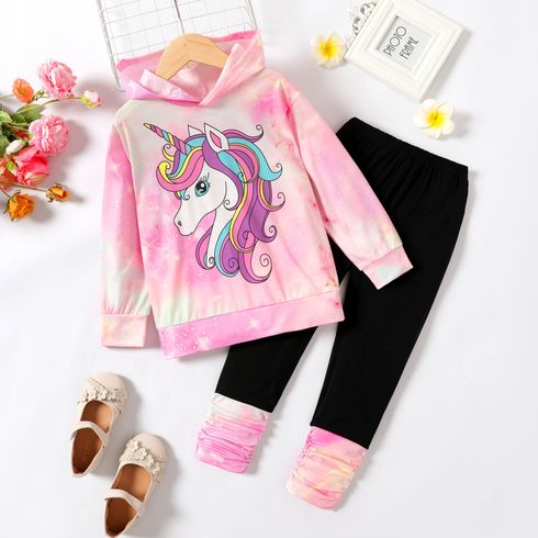 2pcs Kid Girl Unicorn Print Tie Dyed Hoodie Sweatshirt and Elasticized Leggings Set