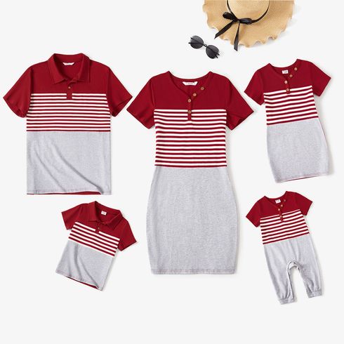 Family Matching 95% Cotton Striped Colorblock Short-sleeve Bodycon Dresses and Polo Shirts Sets