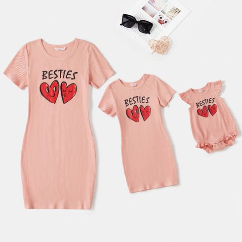 Valentine's Day Mommy and Me Heart & Letter Print Pink Ribbed Short-sleeve Bodycon Dresses