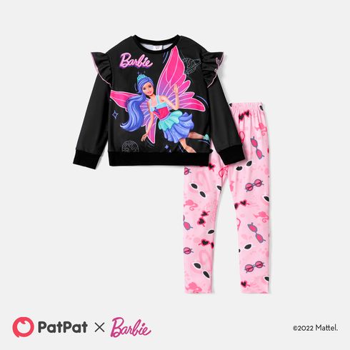 Barbie-Kind-Mädchen-Charakter-Print, Rüschen-Sweatshirt/Buchstaben-/Brillen-Print/Hahnentritt-Elastik-Leggings