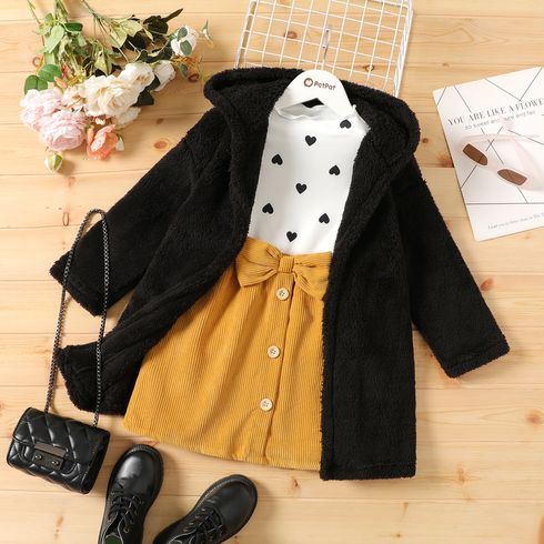 2pcs Kid Girl Ribbed Tee and Bowknot Button Design Skirt Set/ Heart Print Mock Neck Tee/ Hooded Fleece Coat