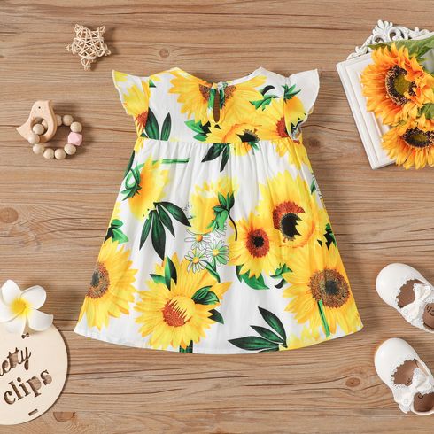 Baby Girl 100% Cotton Cotton Sunflower Print Flutter-sleeve Dress White big image 3