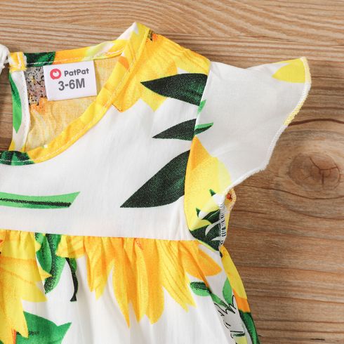 Baby Girl 100% Cotton Cotton Sunflower Print Flutter-sleeve Dress White big image 6