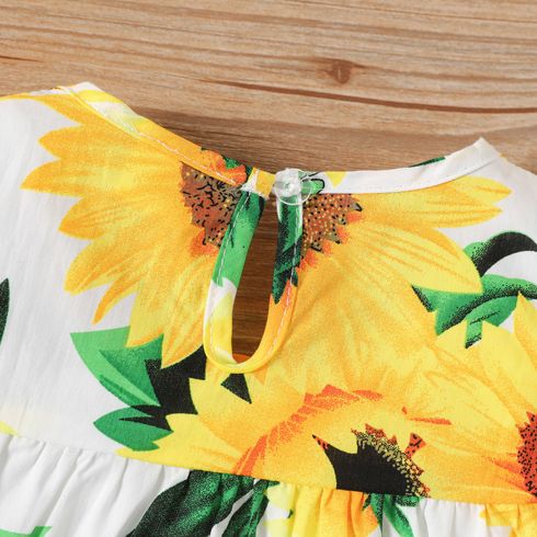 Baby Girl 100% Cotton Cotton Sunflower Print Flutter-sleeve Dress White big image 4
