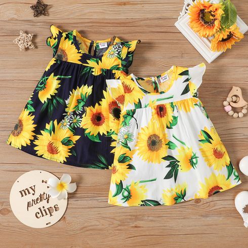 Baby Girl 100% Cotton Cotton Sunflower Print Flutter-sleeve Dress White big image 1