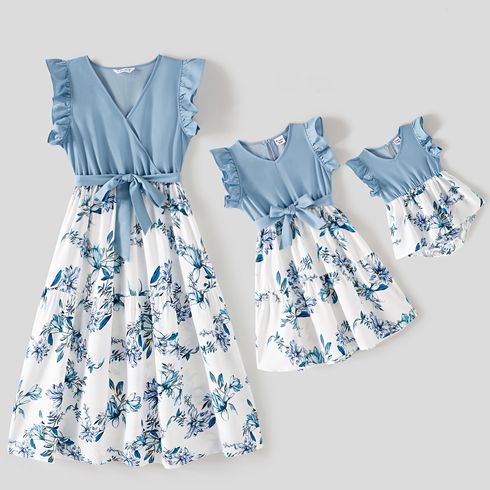 Mommy and Me Floral Print Spliced Solid V Neck Ruffle Trim Sleeveless Dresses