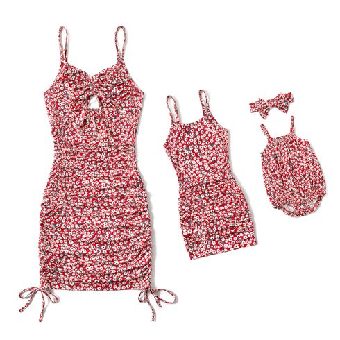Mommy and Me Allover Floral Print Drawstring Ruched Bodycon Cami Dresses