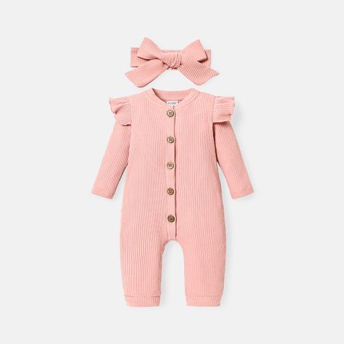 2pcs Baby Girl Solid Cotton Ribbed Ruffle Long-sleeve Button Front Jumpsuit with Headband Set
