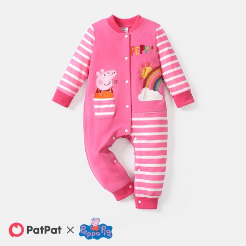 Peppa Pig Baby Boy/Girl Letter & Animal Embroidered Striped Long-sleeve Button Jumpsuit