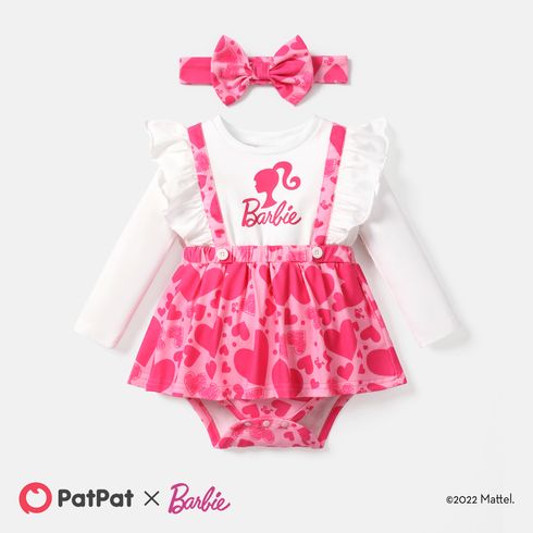 Barbie Valentine's Day 2pcs Baby Girl Cotton Ruffle Trim Long-sleeve Heart Print Faux-two Romper & Headband Set