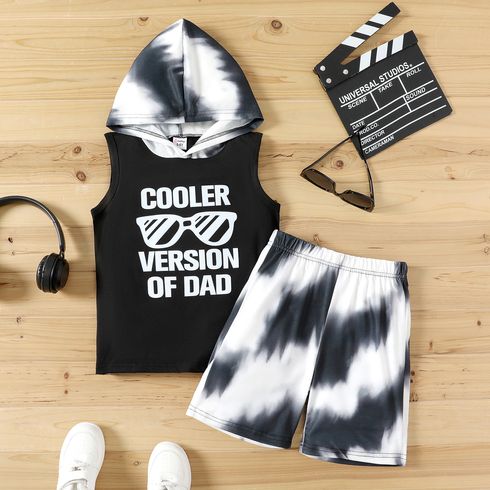 2pcs Kid Boy Letter Print Hooded Sleeveless Tee and Tie Dyed Shorts Set