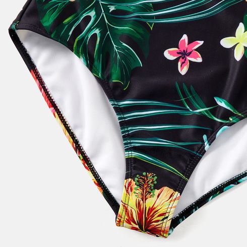 Family Matching Allover Tropical Plant Print One-piece Swimsuit and Swim Trunks Black big image 17