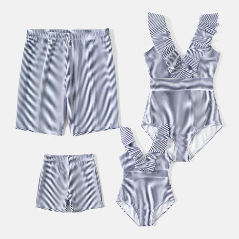 Family Matching Blue Pinstriped Ruffle Trim One-piece Swimsuit and Swim Trunks