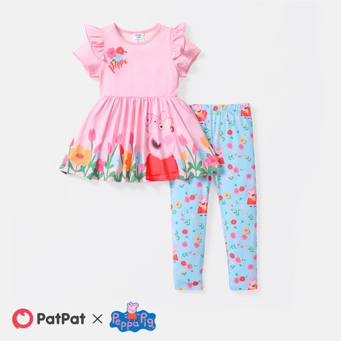 Peppa Pig 2pcs Toddler Girl Ruffled Floral Print Tee and Elasticized Leggings Set