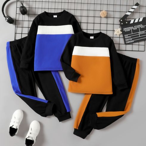 2pcs Kid Boy Colorblock Ribbed Sweatshirt and Elasticized Pants Set