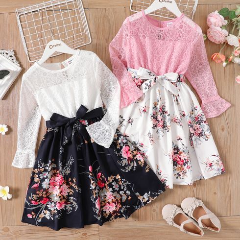 Kid Girl Lace Floral Print Splice Long-sleeve Belted Dress