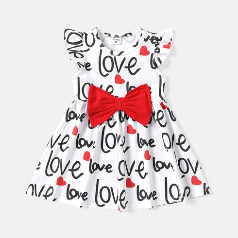 Toddler Girl Valentine's Day Cotton Letter Heart Print Bows Design Flutter-sleeve Dress