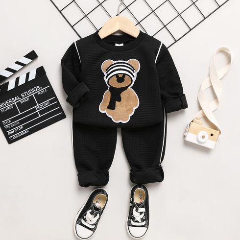 2pcs Toddler Boy Playful Bear Embroidered Sweatshirt and Textured Pants Set