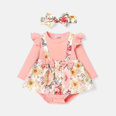 2pcs Baby Girl Floral Print & Solid Ribbed Bow Front Ruffle Long-sleeve Romper & Headband Set