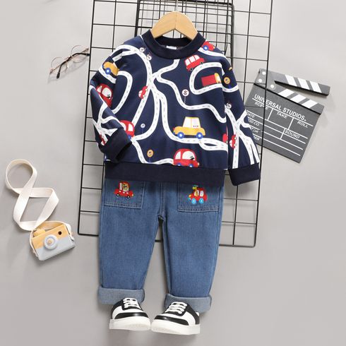 2pcs Toddler Boy Playful Denim Car Embroidered Jeans and Allover Print Sweatshirt Set