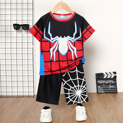 2pcs Kid Boy Spider Print Colorblock Short-sleeve Tee and Elasticized Shorts Set Red big image 1