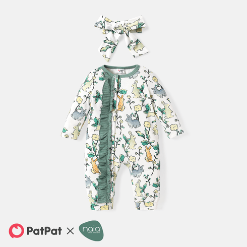 2pcs Baby Girl Solid Ribbed or Allover Floral Print Ruffle Trim Long-sleeve Naia Jumpsuit & Headband Set