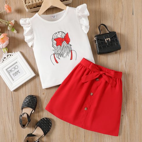 2pcs Kid Girl Figure Print Flutter-sleeve Tee and Button Design Belted Skirt Set