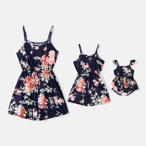 Mommy and Me Floral Print Drawstring Cami Rompers