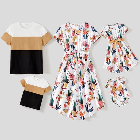 Family Matching Cotton Colorblock T-shirts and Allover Floral Print Short-sleeve Belted Dresses Sets