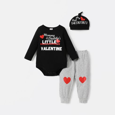 Valentine's Day 3pcs Baby Boy Cotton Long-sleeve Letter Graphic Romper and Pants & Hat Set