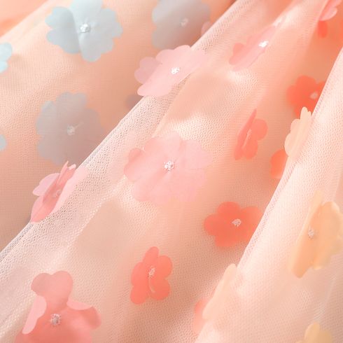 Kid Girl 3D Floral Design Mesh Splice Belted Sleeveless Dress Pink big image 5