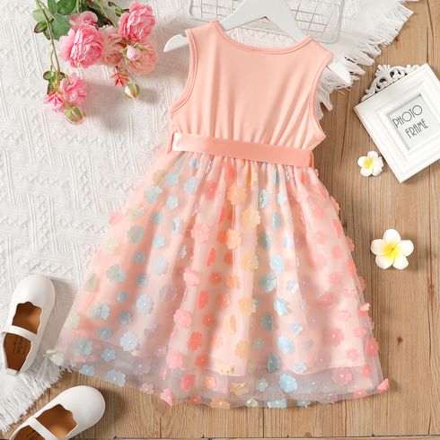 Kid Girl 3D Floral Design Mesh Splice Belted Sleeveless Dress Pink big image 2