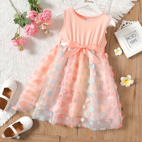 Kid Girl 3D Floral Design Mesh Splice Belted Sleeveless Dress Pink big image 1