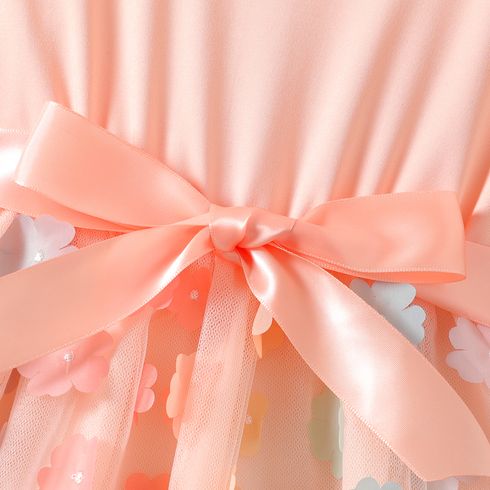 Kid Girl 3D Floral Design Mesh Splice Belted Sleeveless Dress Pink big image 4