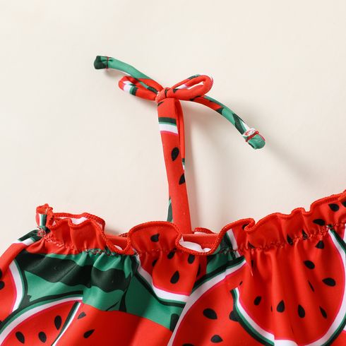 3pcs Baby Girl Watermelon Print Ruffle Trim Swimwear Set Red big image 4