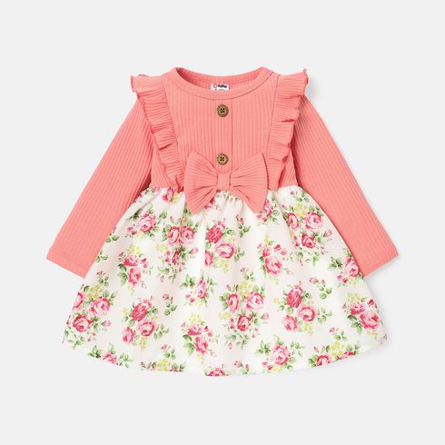 Baby Girl Cotton Ribbed Floral Print Splice Ruffled Long-sleeve Dress