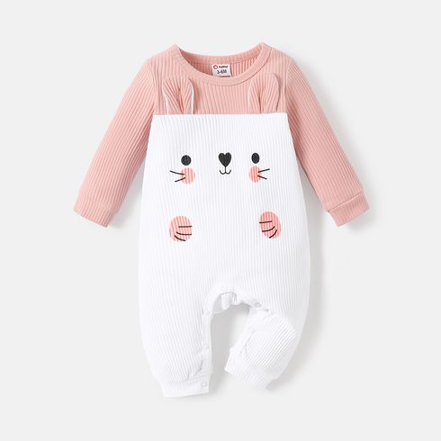 Baby Girl Cotton Ribbed 3D Ears Detail Animal Graphic Long-sleeve Colorblock Jumpsuit