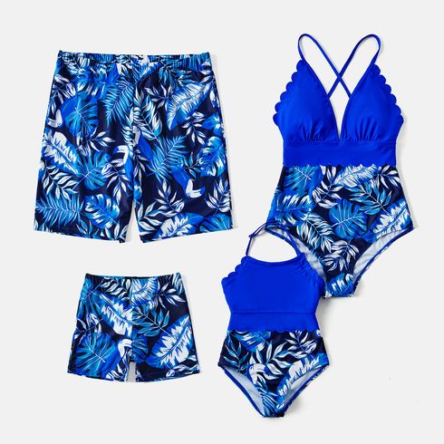 Family Matching Palm Leaves Print Blue One-piece Swimsuit