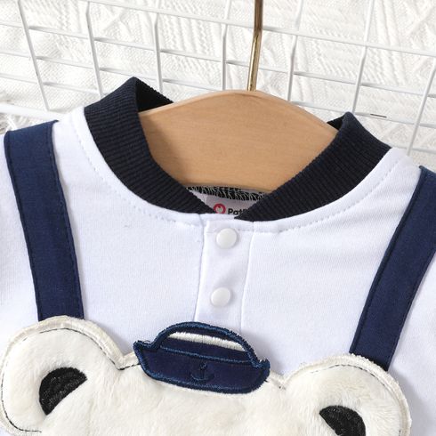 Baby Boy 95% Cotton Long-sleeve Bear Graphic Solid Spliced Romper Dark Blue/white big image 3
