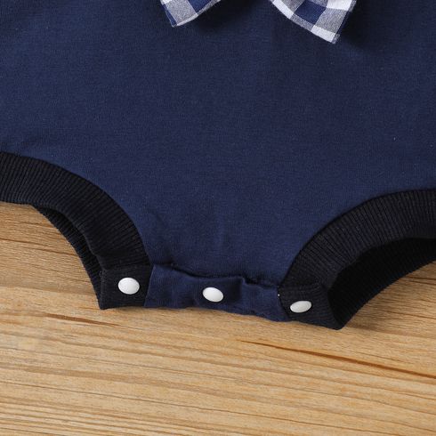 Baby Boy 95% Cotton Long-sleeve Bear Graphic Solid Spliced Romper Dark Blue/white big image 5
