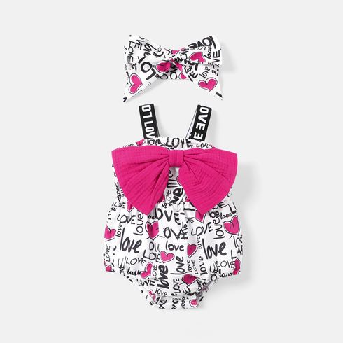 2pcs Baby Girl Allover Heart & Letter Print Bow Front Sleeveless Romper & Headband Set