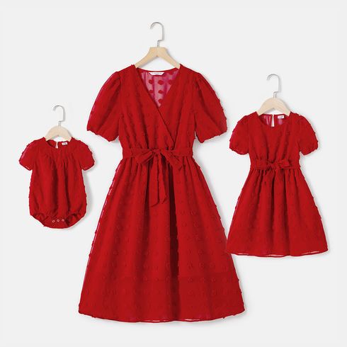 Mommy and Me Red Swiss Dot Sheer Short-sleeve Surplice Neck Belted Dresses