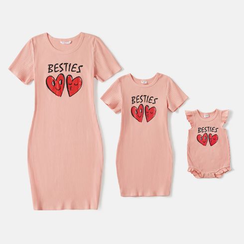 Valentine's Day Mommy and Me Pink Cotton Ribbed Heart & Letter Print Short-sleeve Bodycon Dresses