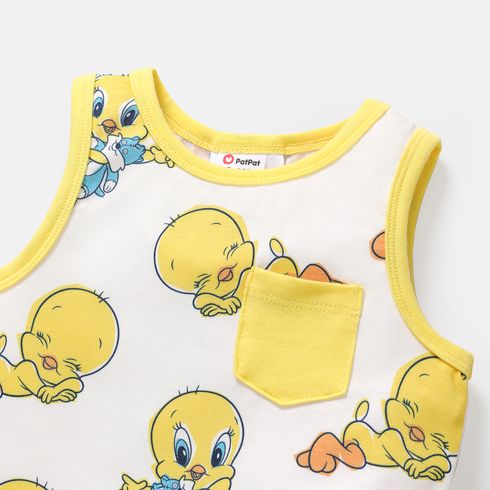 Looney Tunes 2pcs Baby Boy Allover Cartoon Print Naia™ Tank Top and Cotton Shorts Set LightYellow big image 2