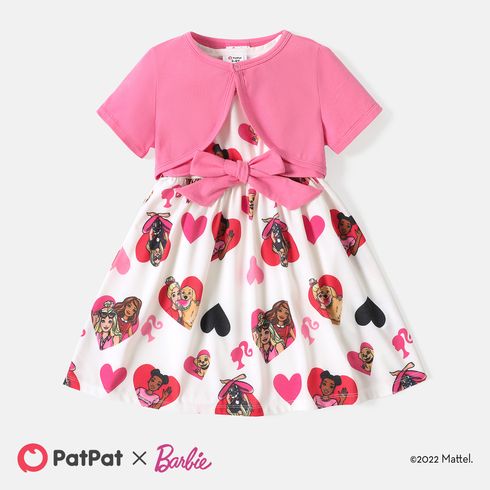 Barbie Toddler Girl 2pcs Mother's Day Heart Print Belted Sleeveless Dress and Cotton Cardigan Set PinkyWhite big image 1