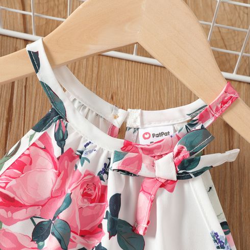 2pcs Kid Girl Floral Print Halter Tee and Button Design Elasticized Shorts Set Pink big image 2