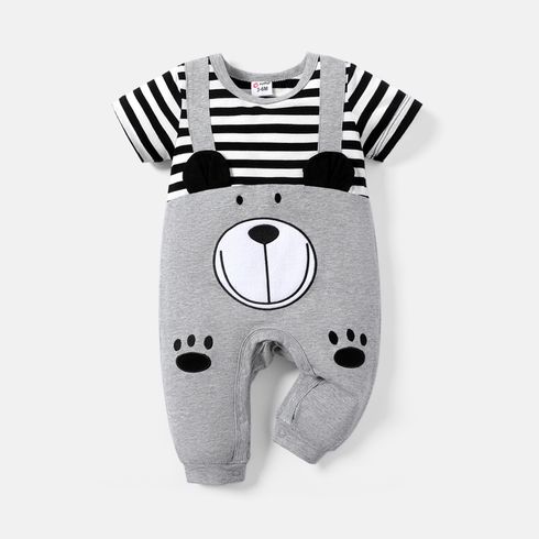 Baby Boy 95% Cotton Striped Short-sleeve Spliced 3D Ears Animal Graphic Jumpsuit