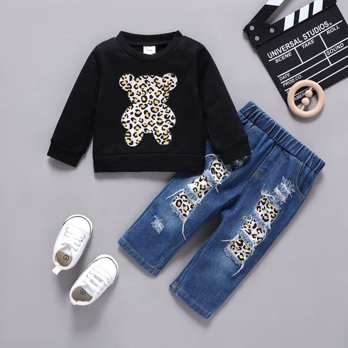 2pcs Baby Boy/Girl Leopard Print Bear Embroidered Long-sleeve Sweatshirt and Ripped Jeans Set