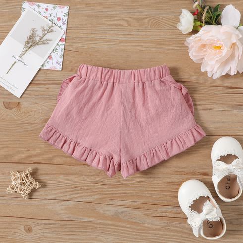 Baby Girl 100% Cotton Solid Ruffle Trim Shorts Light Pink big image 2