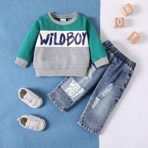 2pcs Baby Boy Letter Print Long-sleeve Colorblock Sweatshirt and Ripped Jeans Set